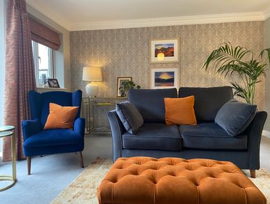 Front room design, orange and blue, gershwing divine savages wallpaper