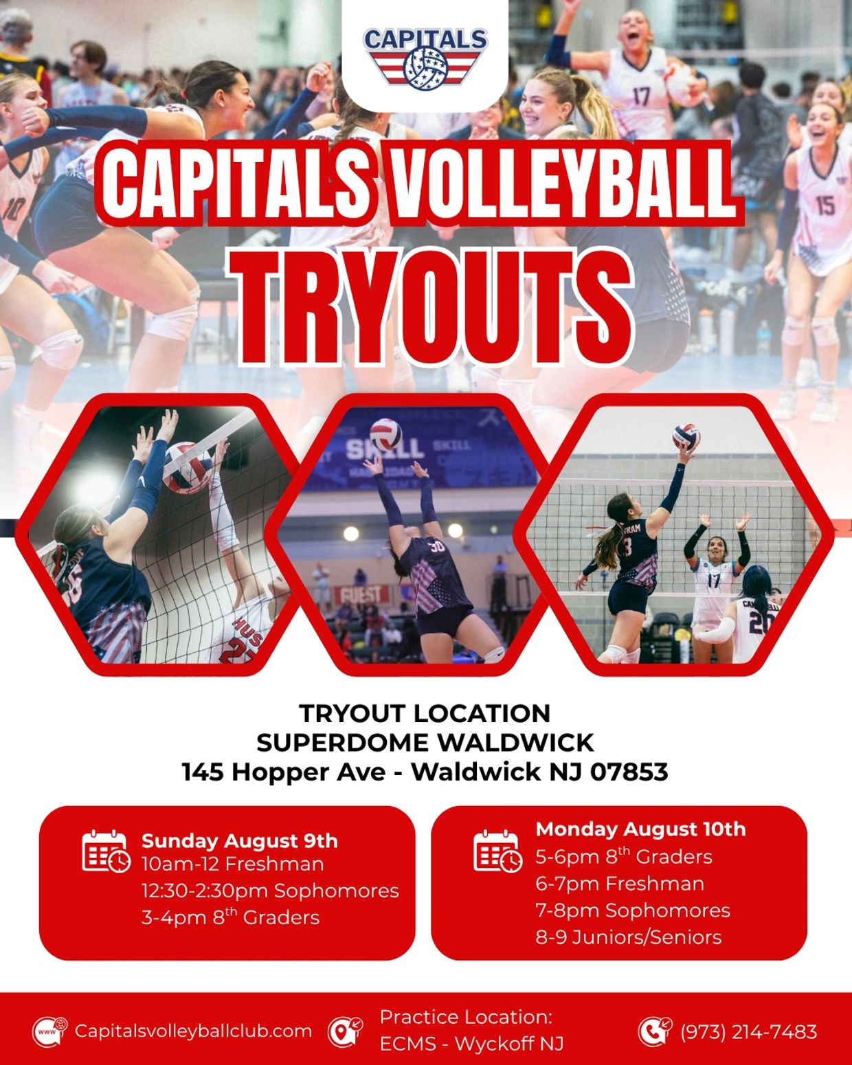 Volleyball tryouts announcement with schedule and location details.