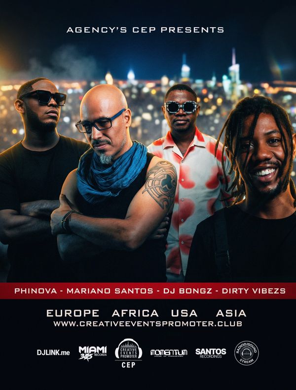 Music event poster featuring DJs and artists from multiple continents.