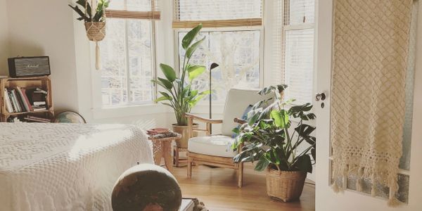 A bright bedroom with plants by the window.