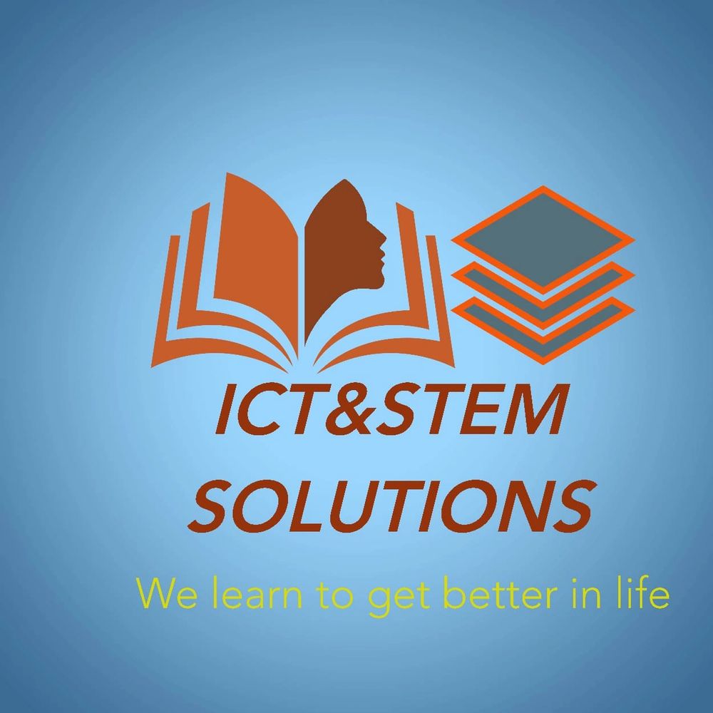 Logo of ICT & STEM Solutions with a book and layered squares.