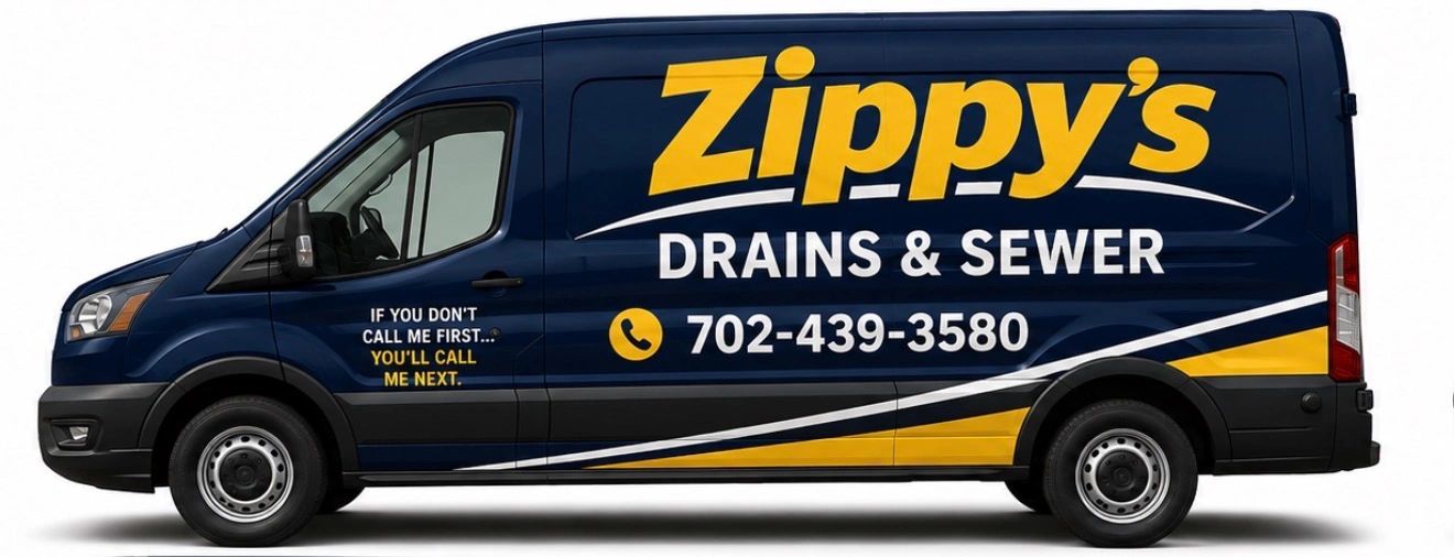 Blue service van for Zippy's Drains & Sewer with contact number.