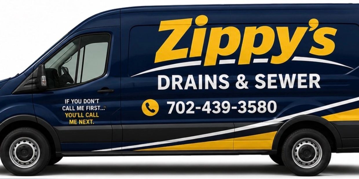 Blue and yellow Zippy's Drains &amp; Sewer service van with contact number.
