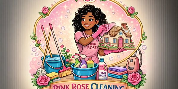 A woman cleaning a house model with Pink Rose Cleaning supplies.