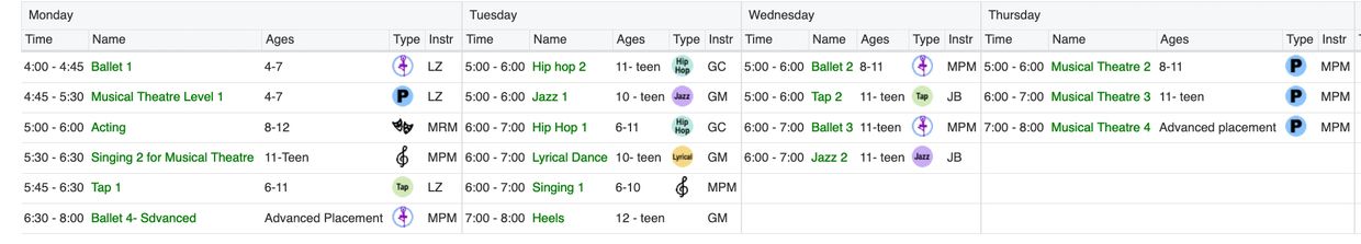 Weekly schedule of classes including ballet, musical theatre, acting, and dance for various age groups.