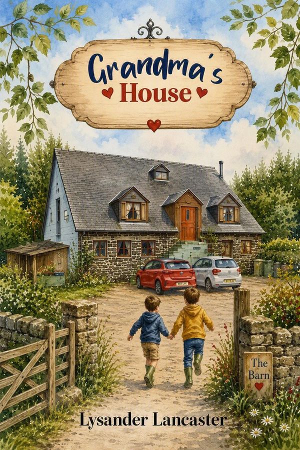 Two children walking to grandma's cozy house with cars parked outside.