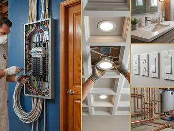 Electrician working on circuit breaker panel with various home improvement images.