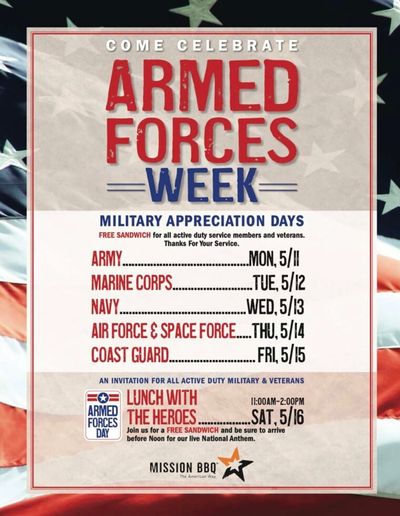 Poster inviting to Armed Forces Week with military appreciation days and lunch with heroes event.