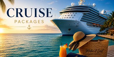 Luxury cruise ship docked at sunset with tropical drink and hat.