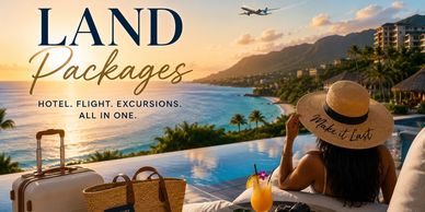 Woman relaxing by an infinity pool with travel bags and a sunset view.