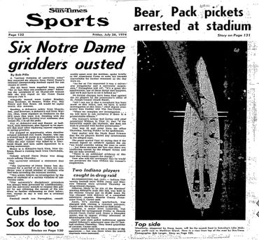 Newspaper sports page from July 20, 1974, featuring Notre Dame football and baseball news.