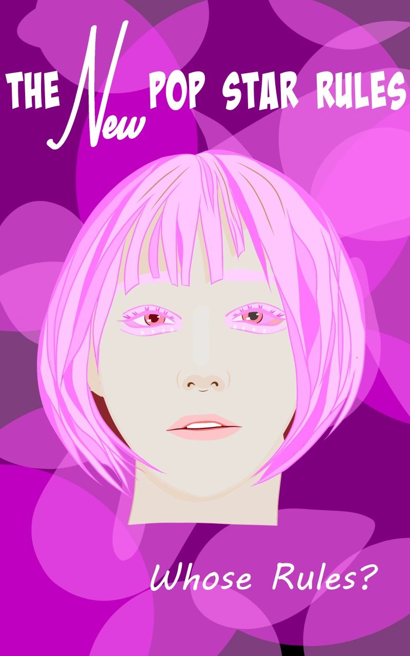 Illustration of a pink-haired pop star with bold text about new pop star rules.