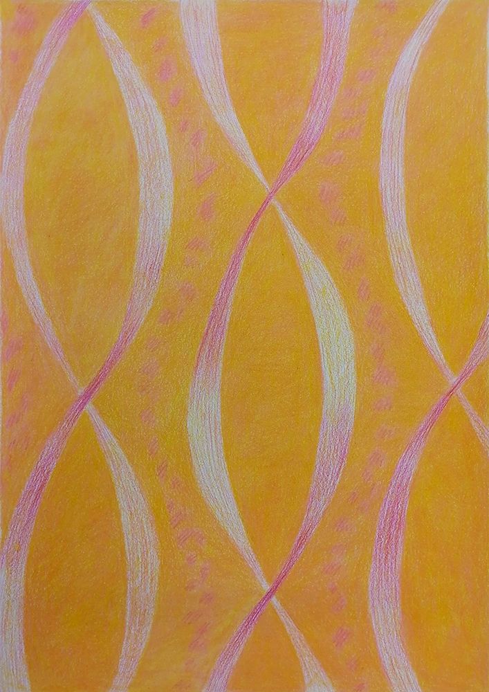 Abstract wavy lines in pink and white on a mustard yellow background.