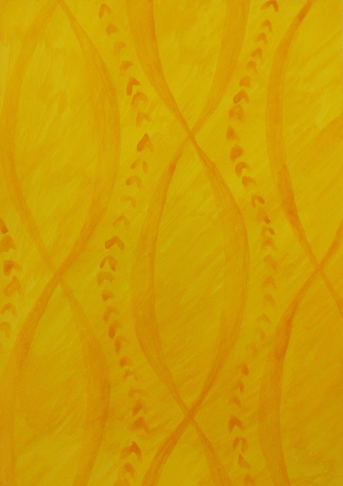 Abstract yellow painting with flowing lines and heart shapes.