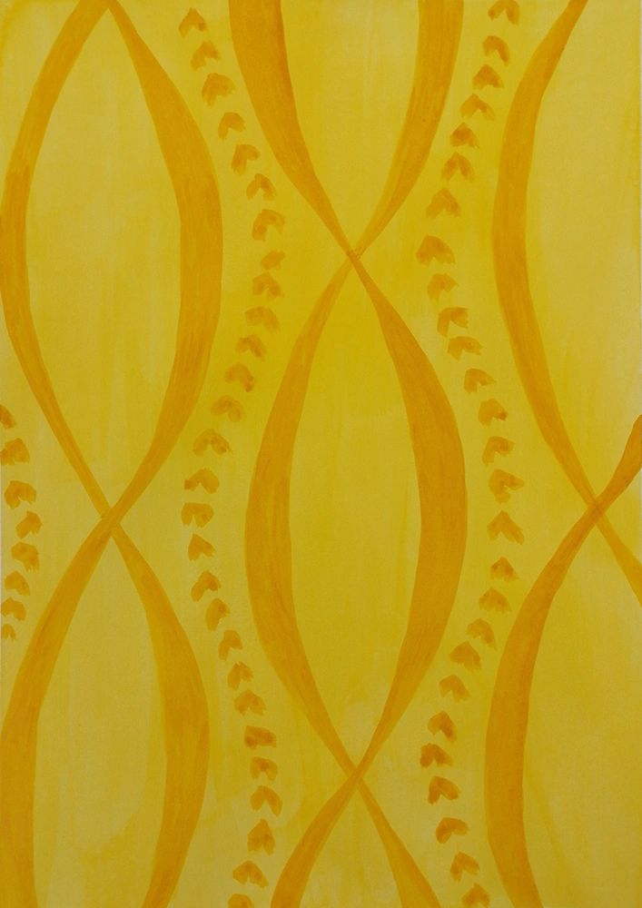 Yellow geometric pattern with curved lines and small shapes.