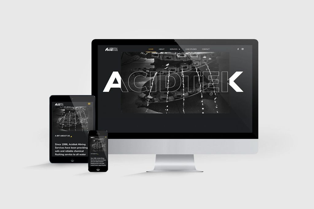 Responsive Acidtek Mining Services website displayed on desktop, tablet, and smartphone.