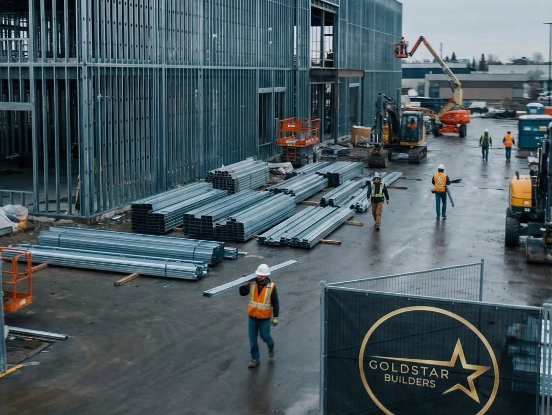 steel stud framing job in Edmonton  with workers working and a Goldstar Builders Corporation logo 