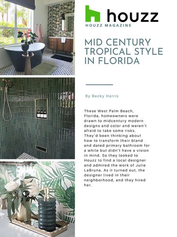 Mid-century tropical style bathroom in Florida with green tiles and tropical decor.