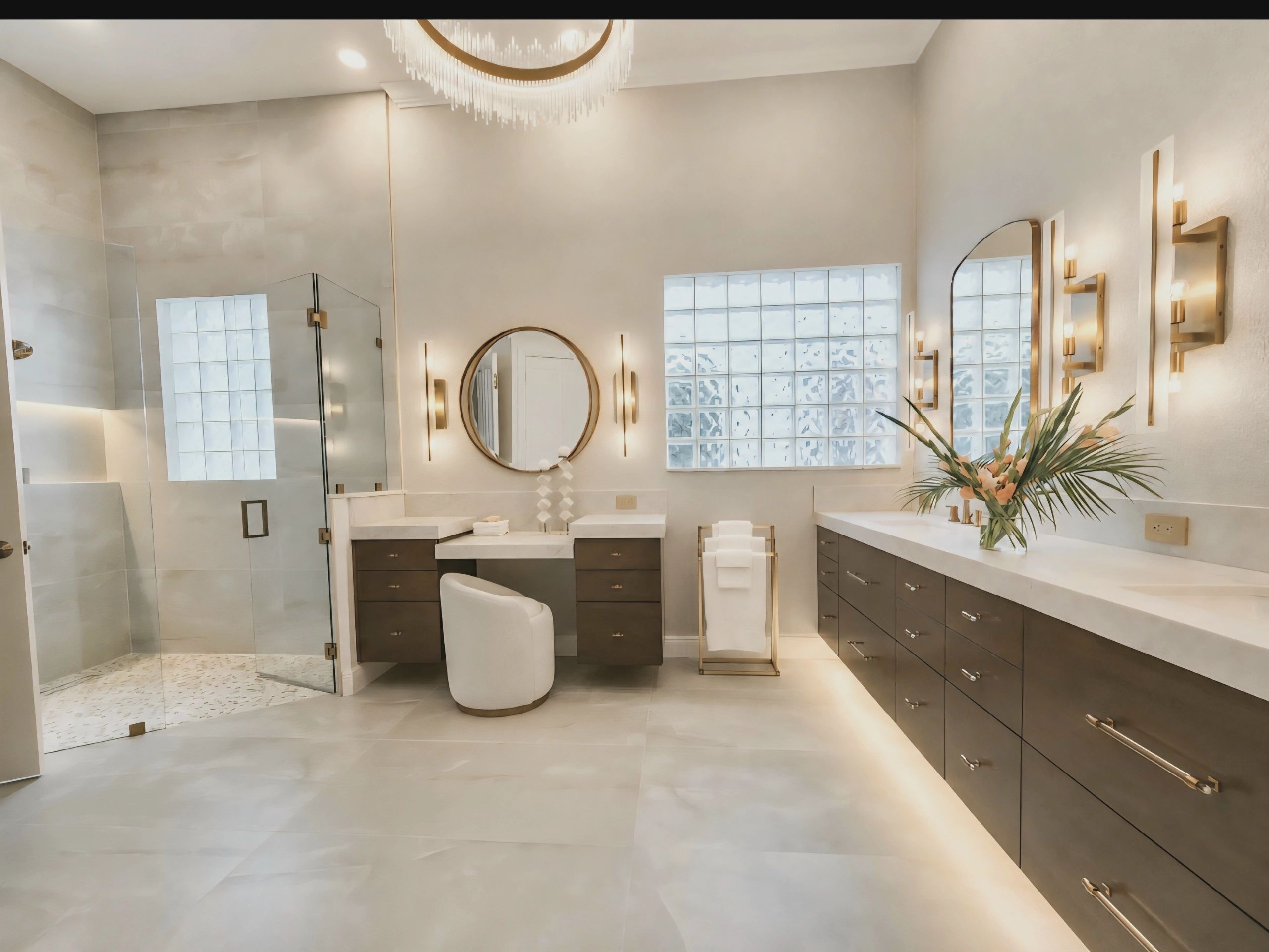 Modern bathroom with glass shower and elegant lighting.