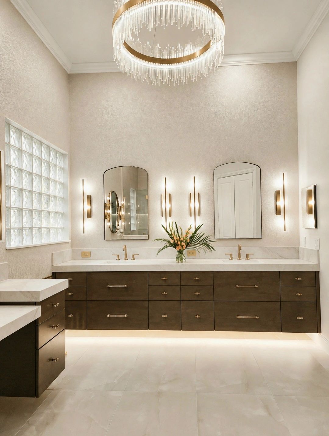 Modern bathroom with double vanities and chandelier.