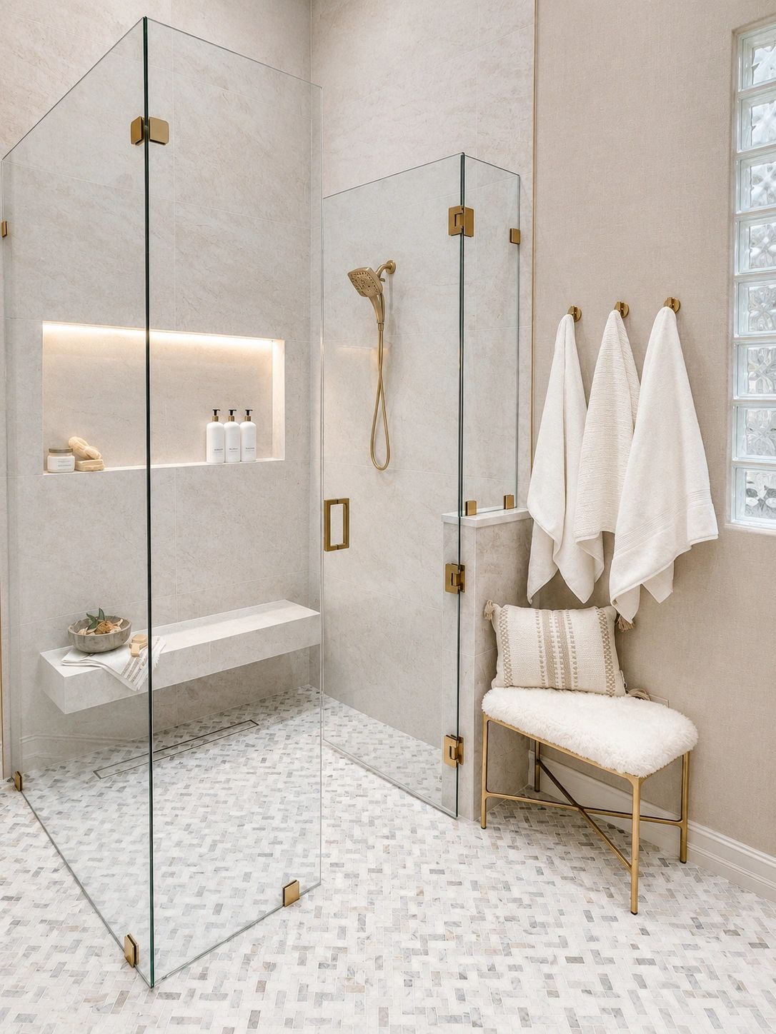 Modern beige bathroom with glass shower and gold accents.