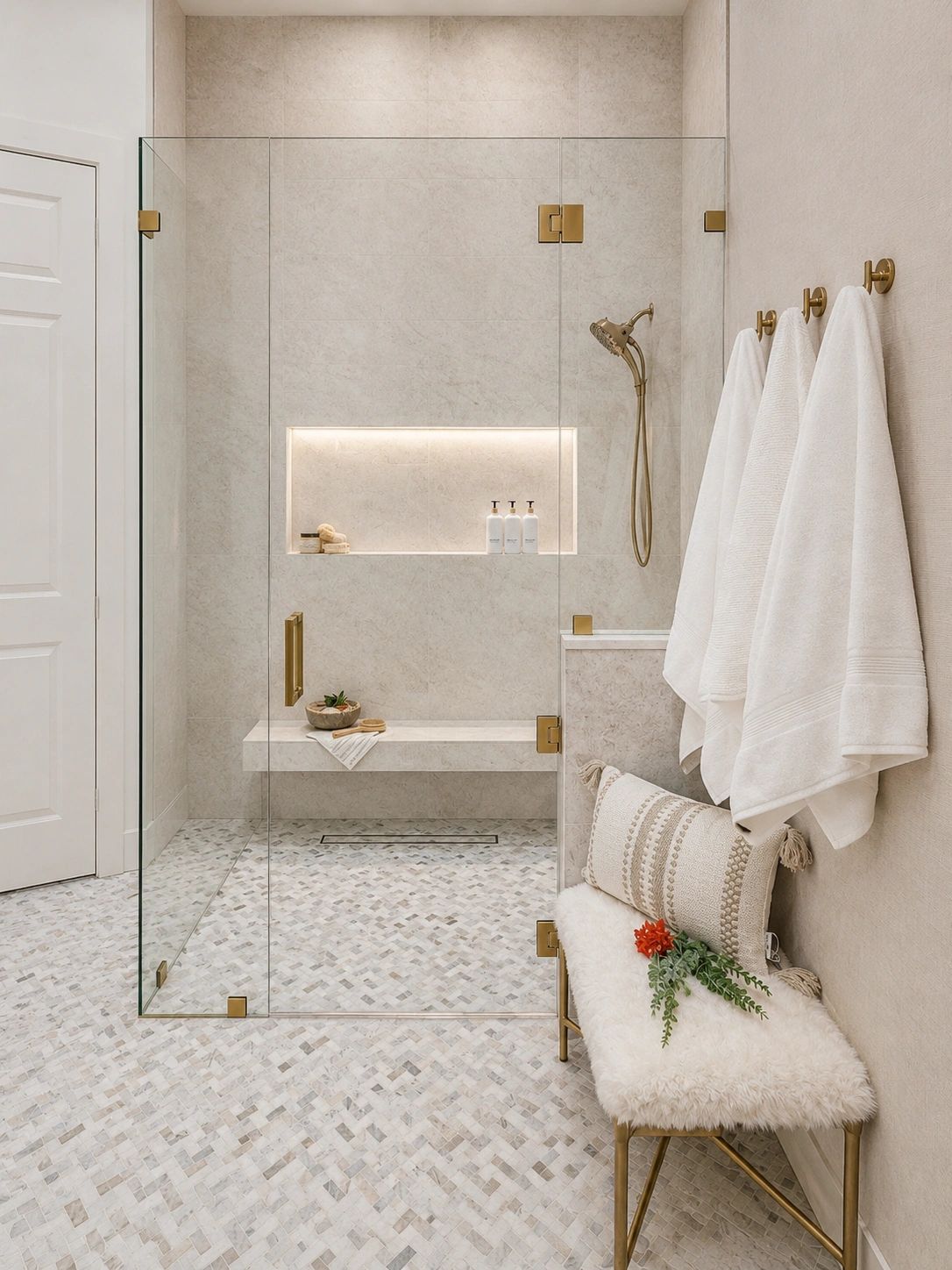 Elegant modern bathroom with glass shower and gold accents.