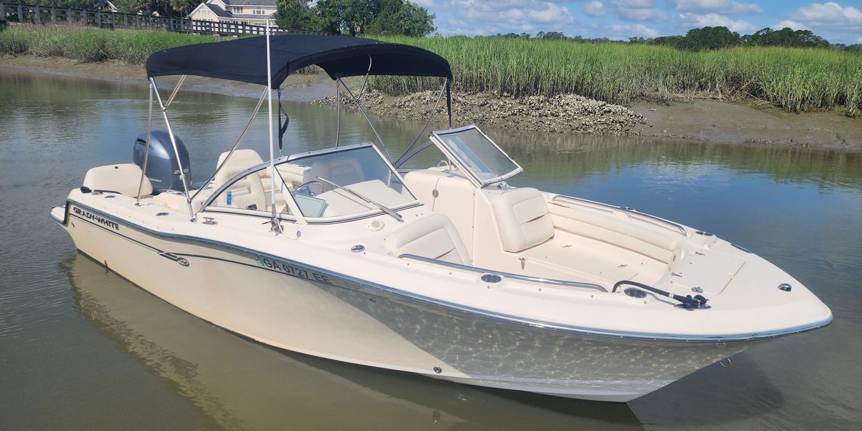 White motorboat with black canopy anchored in shallow water near grassy shore.