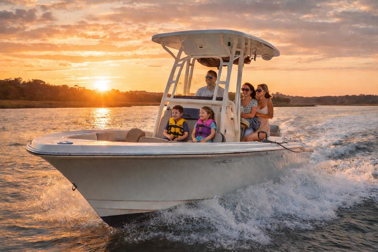 Family enjoying a boat ride at sunset on calm waters.