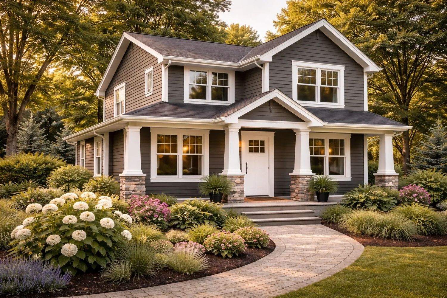Beautiful two-story gray house with white trim and lush garden.