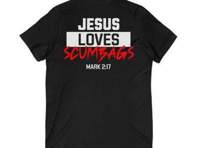 Black T-shirt with bold text: 'Jesus Loves Scumbags' and Mark 2:17 reference.