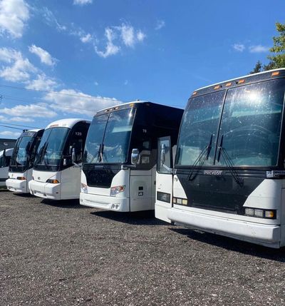 A row of parked white and black Prevost buses under a blue sky.