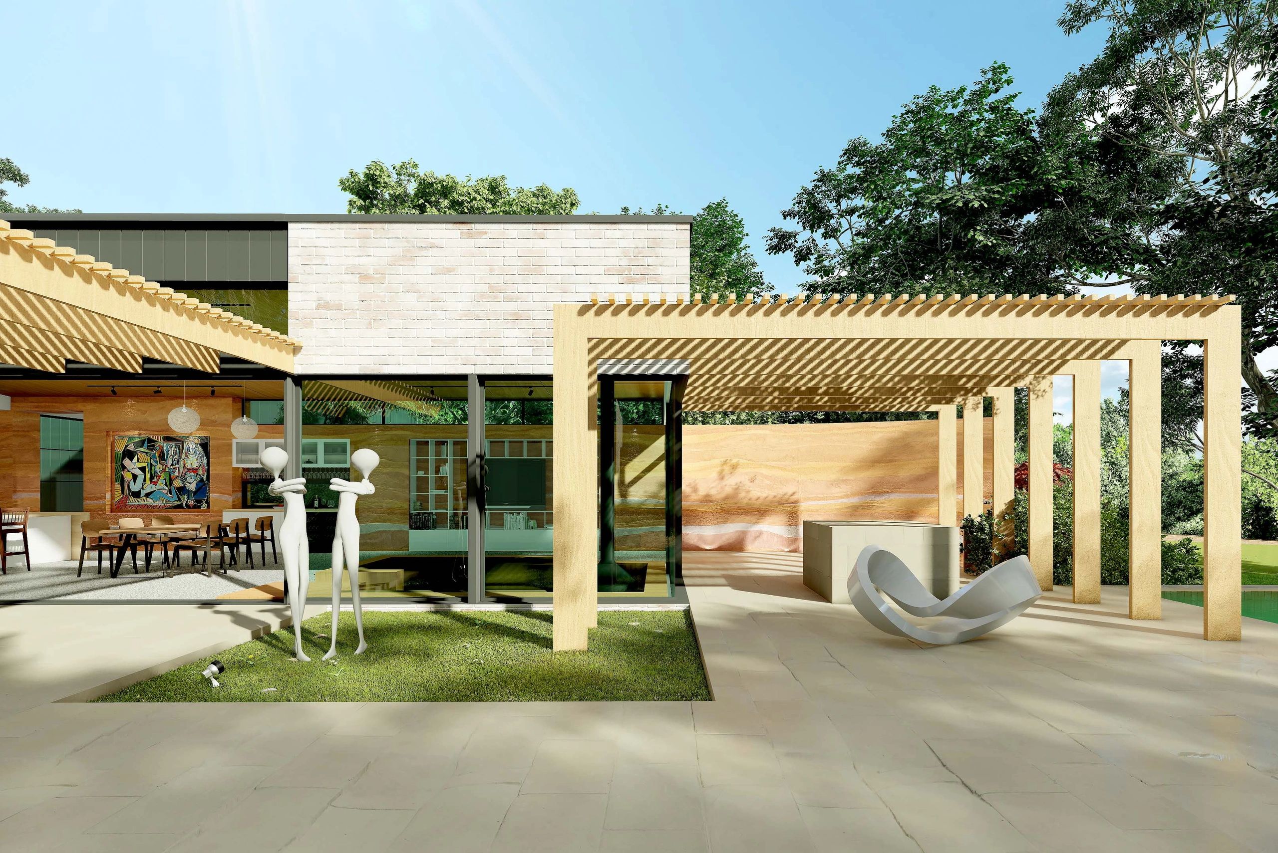 Modern outdoor living space with pergola and sculptures.