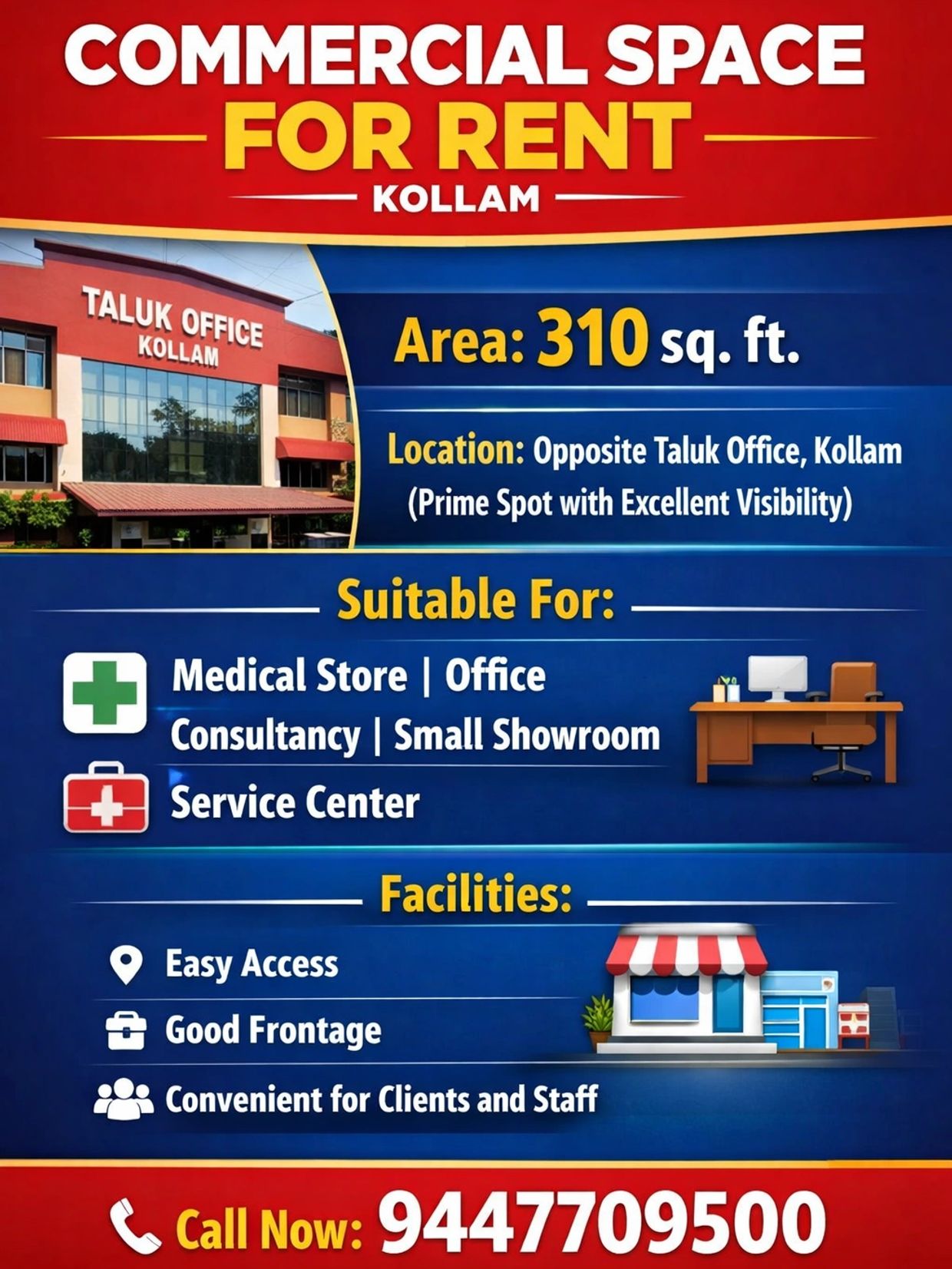 Prime Commercial Space for Rent – Kollam
Located right opposite the Taluk Office, this 310 sq. ft. s