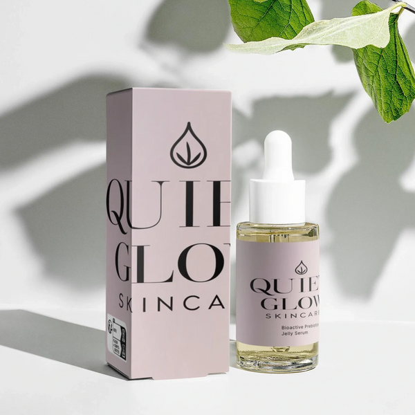 Quiet Glow Skincare Bioactive Prebiotic Jelly Serum with dropper and box.