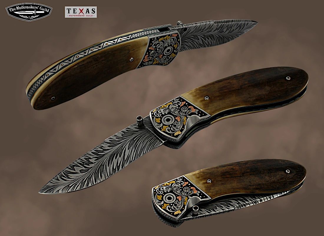 Starlight Comanchero Folder Knife With Dragon Breath Damascus Blade By Robert Champion