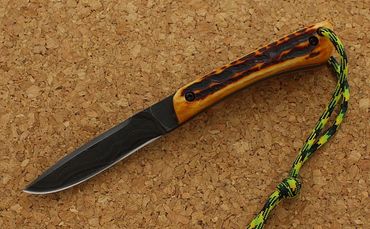 Bird and Trout knife with amber carved bone by Robert Champion