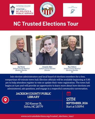 NC Trusted Elections Tour flyer with photos of panelists