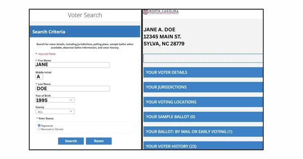 Screenshot of a North Carolina voter search interface and a sample voter profile.
