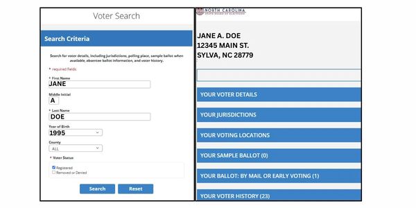 Screenshot of a North Carolina voter search interface and a sample voter profile.