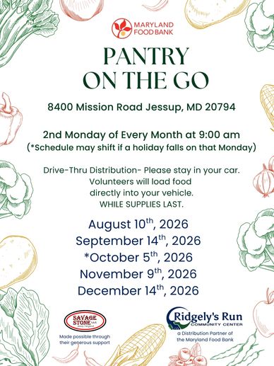 Flyer for Maryland Food Bank's Pantry On The Go food distribution schedule.