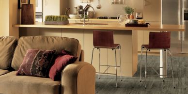 Cozy living room and modern kitchen area with bar stools.