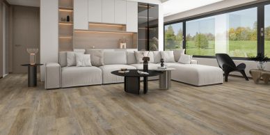 Modern living room with large windows and wooden flooring.