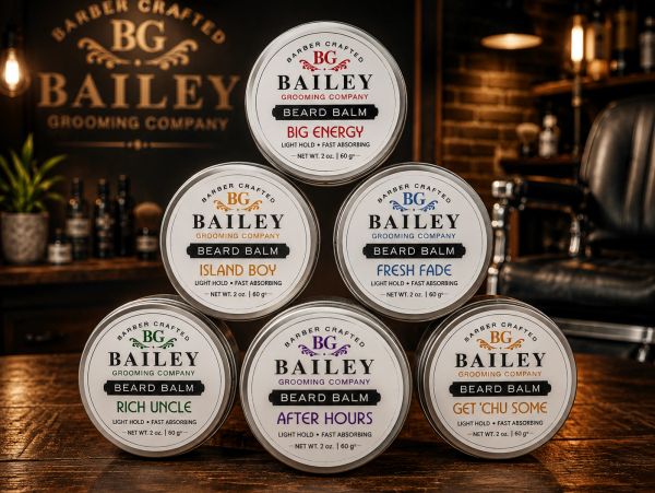 Various Bailey Beard Balm tins arranged in a barbershop.