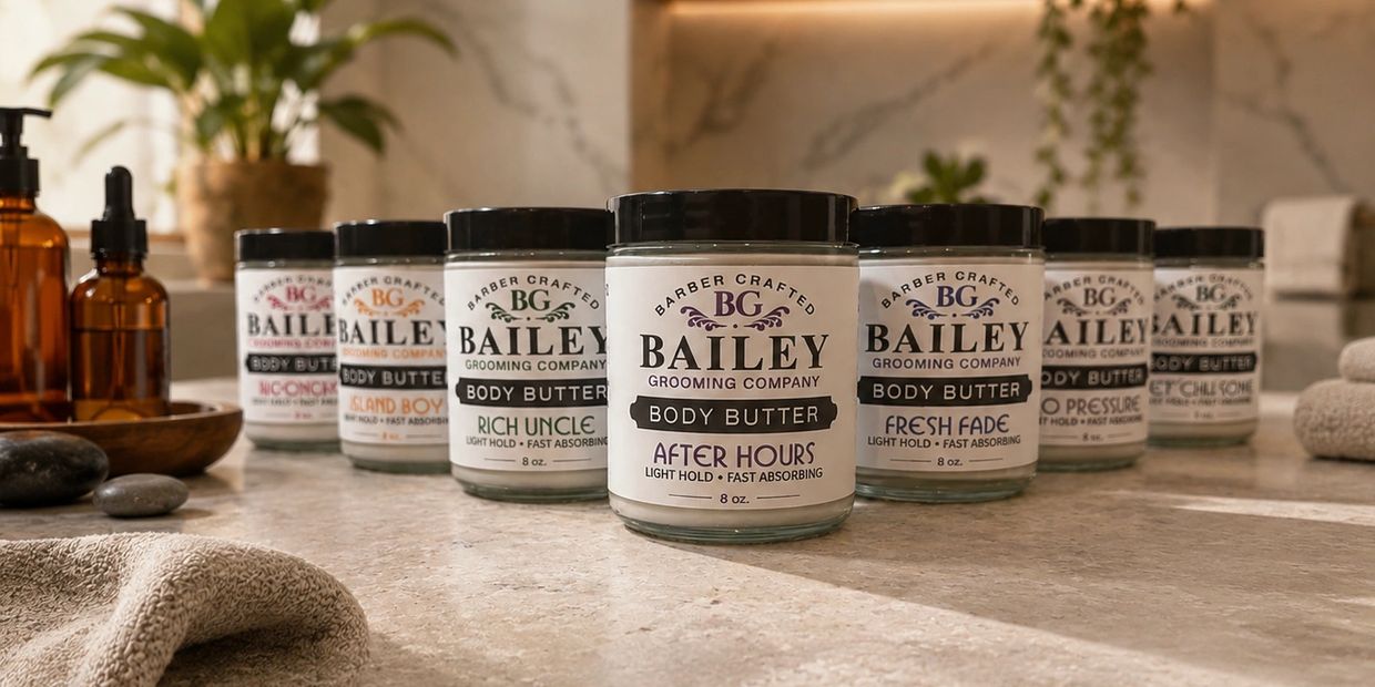 Various Bailey Grooming Company body butter jars arranged on a bathroom counter.