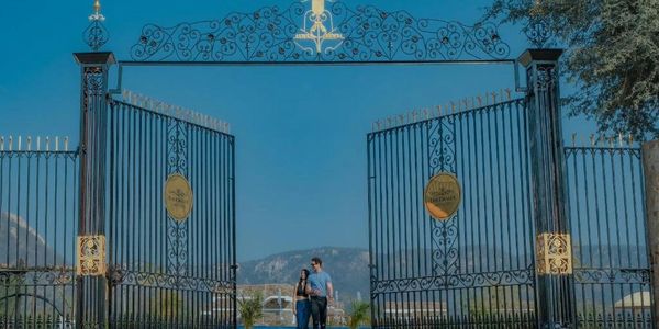 A couple walking through large ornamental gates under a clear blue sky.