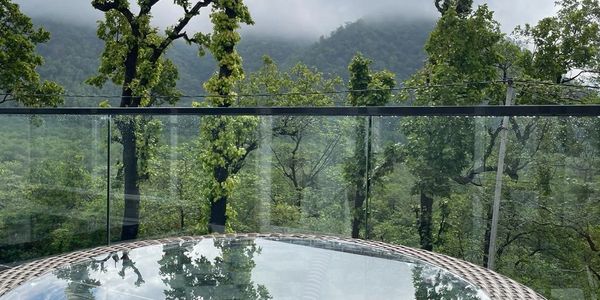 Glass table reflecting trees with misty mountains in the background.