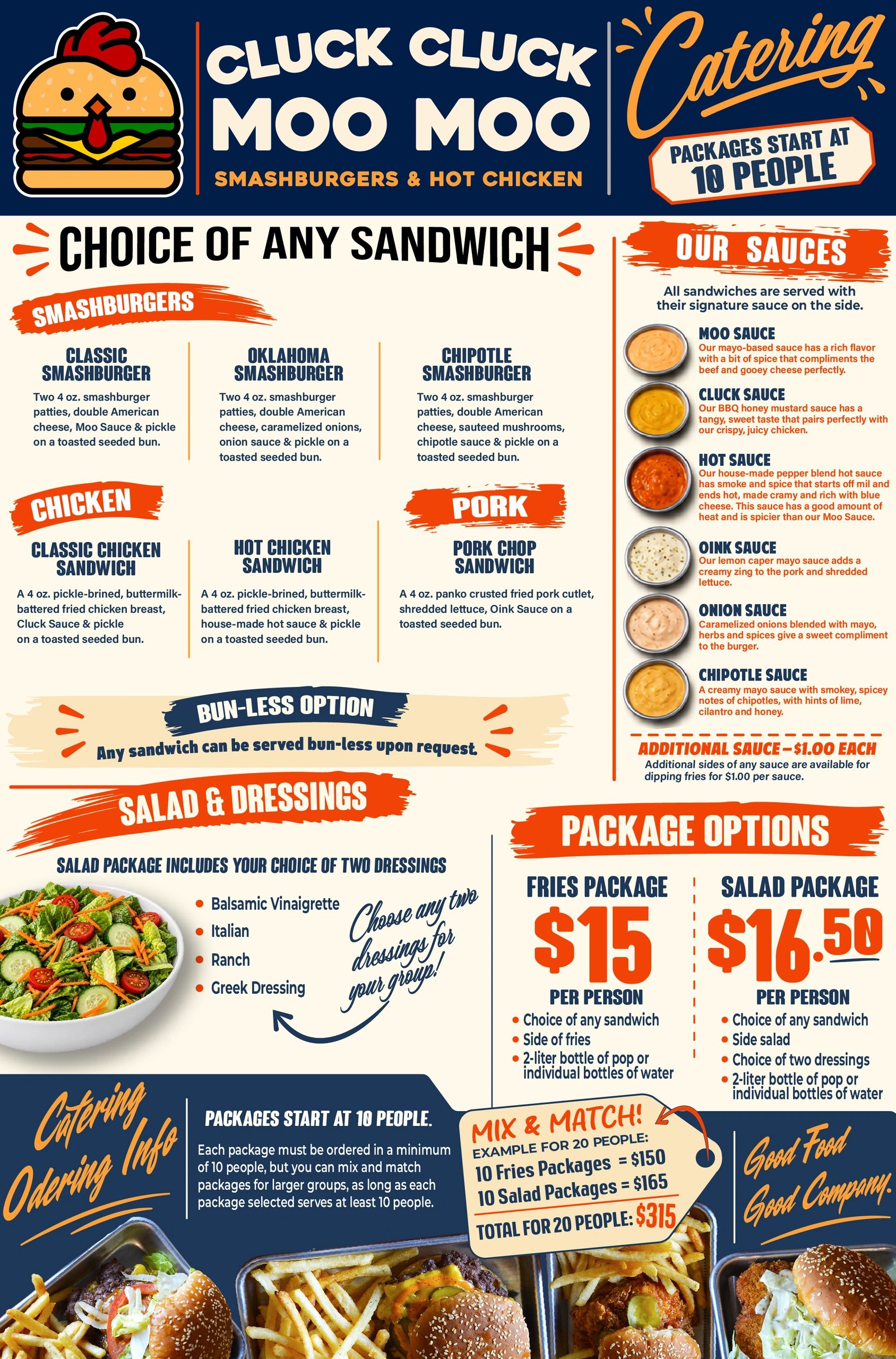 Cluck Cluck Moo Moo catering menu with sandwiches, sauces, salads, and package options.