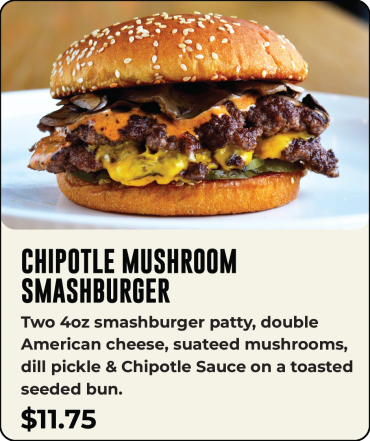 Chipotle mushroom smashburger with double patties and cheese.