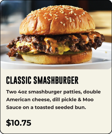Classic Smashburger with double cheese and dill pickle on seeded bun.