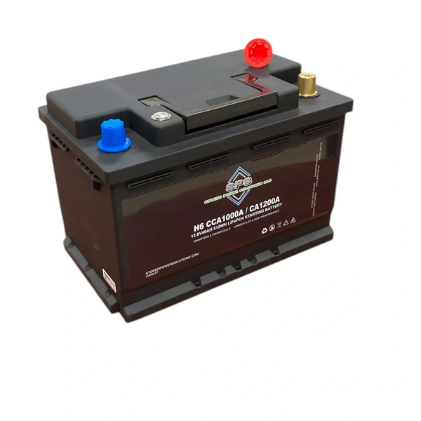 Car battery with blue and red terminals.